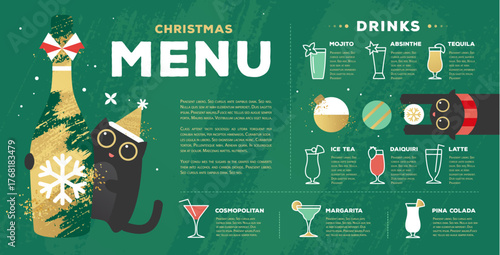 Restaurant Christmas holiday flat menu design with funny cats on emerald green background. Vector illustration