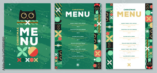 Restaurant Christmas holiday flat menu design with funny cats on emerald green background. Vector illustration