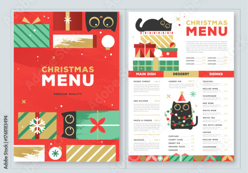 Restaurant Christmas holiday flat menu design with funny cats. Vector illustration