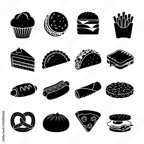 Collection of sixteen black and white silhouette icons representing a set of popular fast food, snack, street food, and bakery items