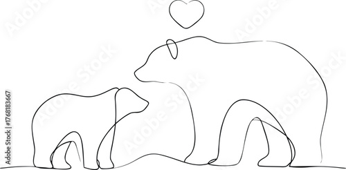 Single line drawing of mother and baby bear with heart