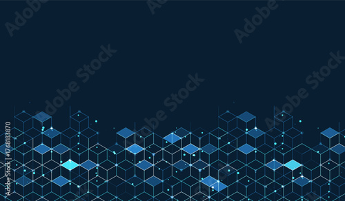 Technology background. Big data visualization concept. Information artificial neural network. Abstract geometric background with isometric. Digital cube isometric on blue background.