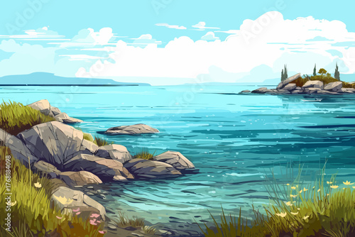 tropical beach with beautiful sky and clear sea water vector illustration for travel and summer vacation concept