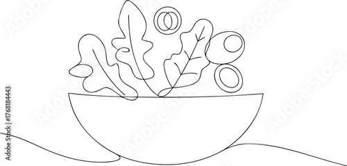 Black and white line drawing of a salad bowl with leaves and olives