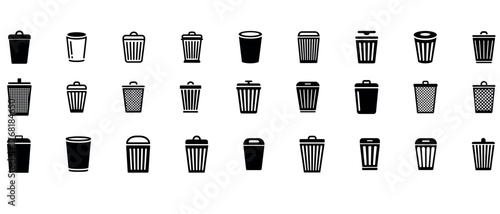 Trash bin icon set showing various garbage and waste container designs
