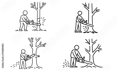 Lumberjack cutting tree illustration with chainsaw and woodwork concept
