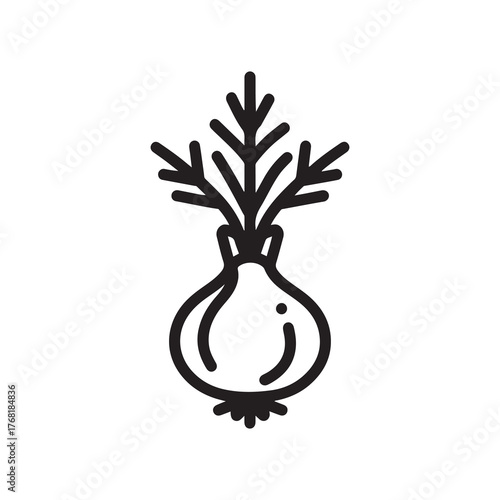 Black and White Outline of an Onion with Greens