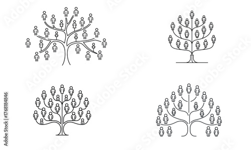 Family tree line drawing with connected people icons illustration
