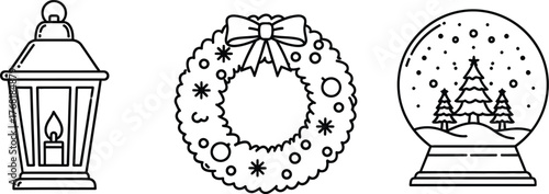 Vintage Christmas lantern, decorative wreath, and snow globe icons