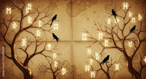Trees with runes and ravens against a parchment background illustration