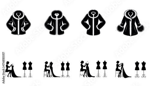 Fashion designer illustration with coat icons and dressmaking concept
