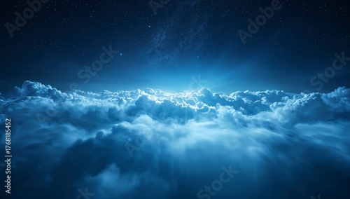 Fototapeta Naklejka Na Ścianę i Meble -  Ethereal view of clouds under a starry night sky with a soft glow illuminating the horizon creating a serene and dreamy atmosphere