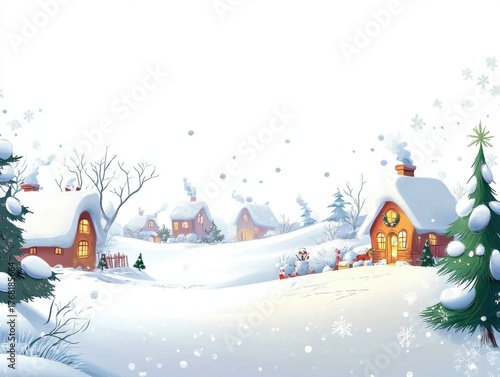Christmas background in watercolor style for graphic design or wallpaper. A cartoonish rural village filled with white snow and beautifully decorated Christmas trees to welcome the Christian New Year.