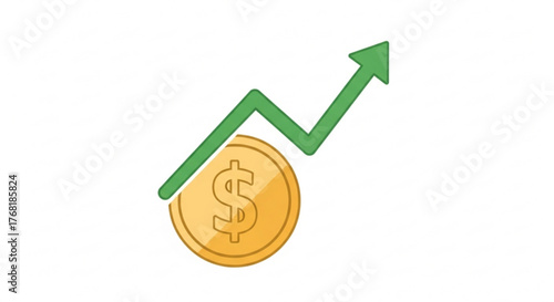 A golden coin with a dollar sign and a green arrow pointing upwards, representing financial growth and success