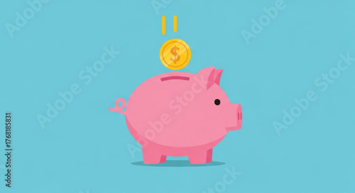 A pink piggy bank with a coin falling into it, representing saving money and financial planning for the future