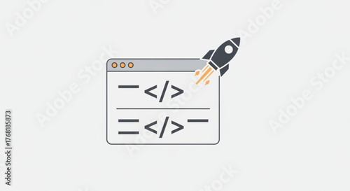 A coding window with a rocket taking off this represents the speed and efficiency of modern software development