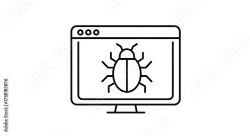 Computer screen with a bug icon, representing software issues, debugging, malware, and cybersecurity threats