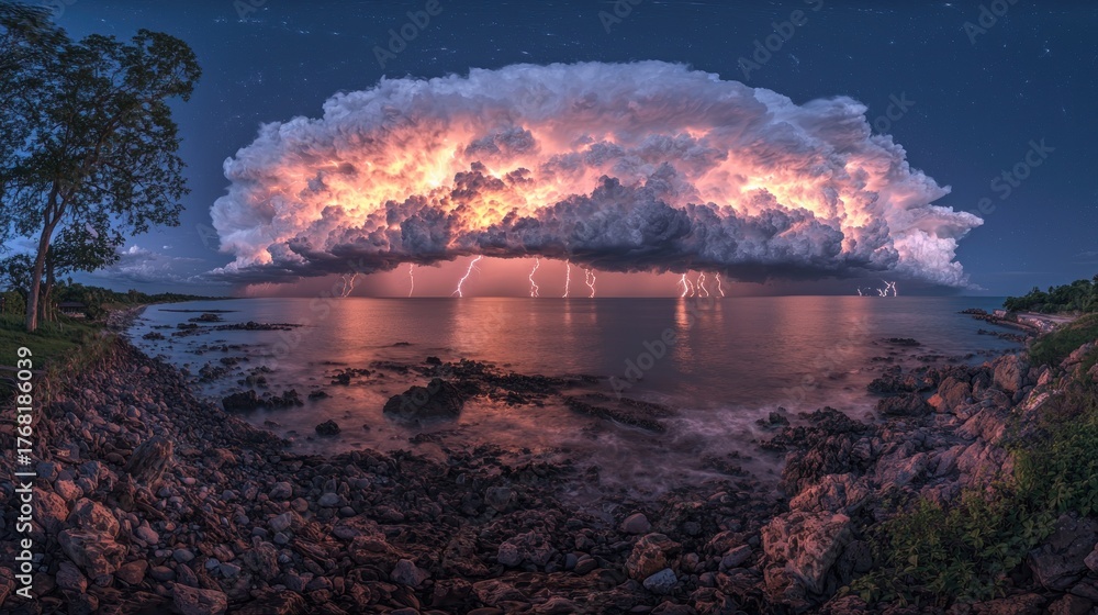 Fototapeta premium Vast lightning storm cloud illuminates a starry night sky over a rocky ocean coast