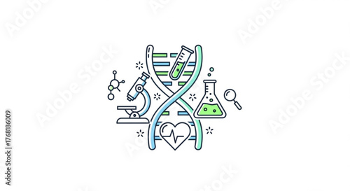 Colorful dna strand with medical equipment icons, representing genetics, research, and healthcare innovation