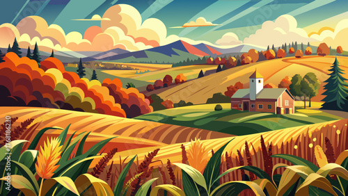 Very beautiful, corn fields in autumn near Kent, Connecticut, USA, featuring golden crops, rolling hills, colorful fall foliage, and peaceful rural scenery under warm seasonal sunlight.