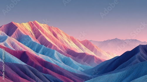 Vibrant pastel mountains with textured ridges under a serene gradient sky at dawn/dusk