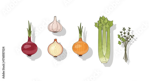 Fresh ingredients for a delicious meal, includes onion, garlic, celery and thyme, perfect for cooking blogs, recipe websites, and healthy eating campaigns
