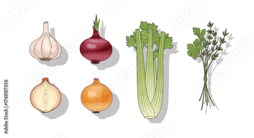 Culinary herbs and vegetables collection, perfect for healthy cooking designs, vibrant and fresh, vector illustration, ideal for food blogs and recipe sites