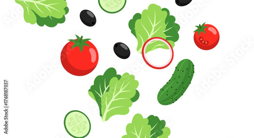 Fresh salad ingredients floating in a vibrant, colorful arrangement for healthy eating and lifestyle promotions, ideal for food blogs and recipe websites