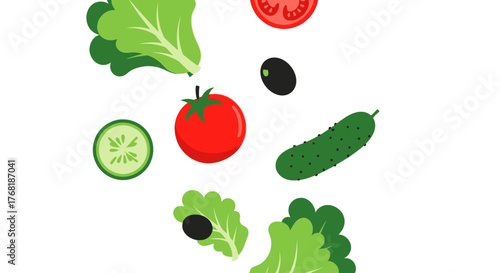 Fresh salad ingredients graphic elements for a healthy lifestyle, cucumbers, olives, lettuce, tomatoes, vibrant and appealing for culinary designs