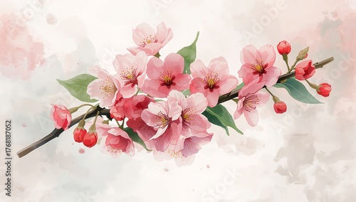 Watercolor painting of delicate pink cherry blossoms on a branch against a soft dreamy background creating a serene and romantic floral arrangement