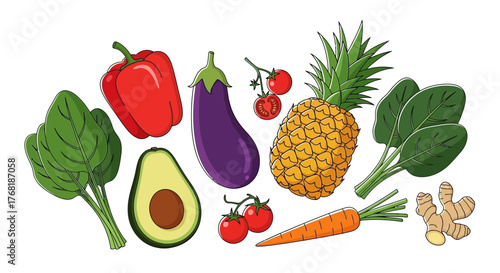 Vibrant assortment of healthy fresh produce for balanced nutrition, including spinach, avocado, pepper, eggplant, pineapple, ginger, carrot, and tomatoes