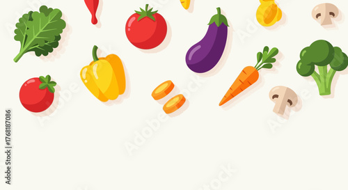 Healthy eating concept with fresh vegetables, flat design illustration for a cooking blog or a nutrition guide, vibrant colors and modern style