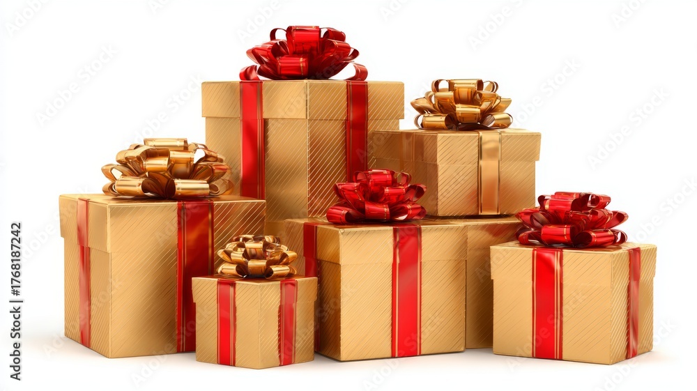 Obraz premium Elegant stacked christmas gift boxes with golden wrapping, festive red and gold satin bows, isolated on transparent background for holiday celebration decor and seasonal packaging design