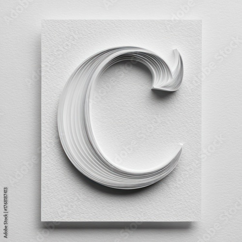 White paper quilling art forms the letter C, casting shadows on a textured white card