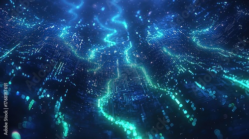 Glowing blue-green abstract digital network resembling circuits or data flow at night