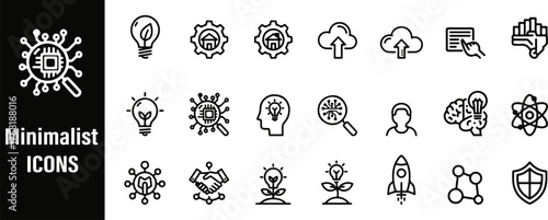 Minimalist Innovation line icon and thin linear illustration set.  Line style icons of innovation concepts: idea + execution, original approach, disrupt icon, idea to prototype, future-focused icon, 