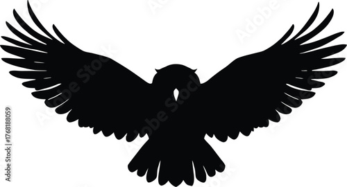 Monochrome Silhouette Illustration of a Symmetrical Owl with Fully Spread Wings and Intense Gaze in a Bold Black and White Design Symbolizing Wisdom and Power