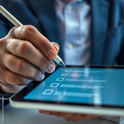 Person using stylus to check boxes on a digital tablet screen