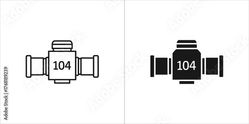 Two icons of a pipe fitting with the number 104, one outlined and one solid black