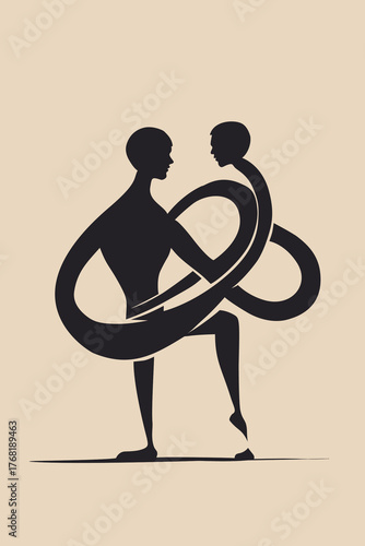 Abstract illustration of two connected human figures intertwined in an infinite loop, symbolizing relationships, emotional bonds, codependency, and mental connection.