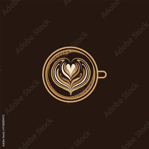 Top view of a coffee cup with latte art in the shape of a heart on a brown background design