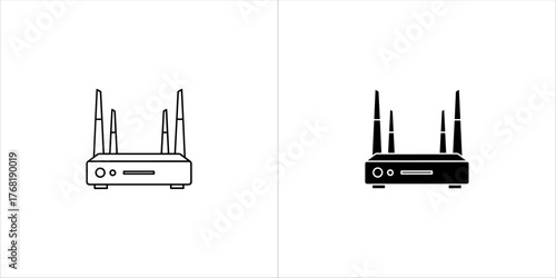 Two icons of a wireless router with multiple antennas, one outlined and one solid black