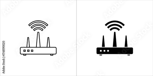 Two icons of a wireless router, one outlined and one solid black