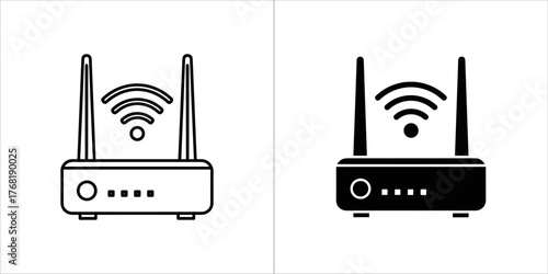 Two icons of a wireless router with two antennas, one outlined and one solid black