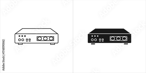Two icons of a network router, one outlined and one filled