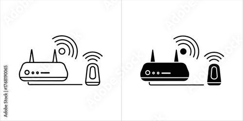 Two icons of a wireless router and a device with wifi signal, one outlined and one filled