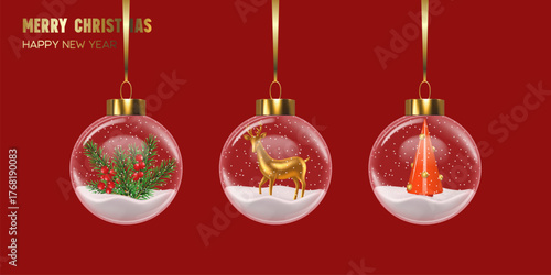 Merry Christmas and Happy New Year greeting card with glass baubles featuring reindeer, pine branches, berries, and red tree on red background. Elegant festive decoration. Vector illustration.
