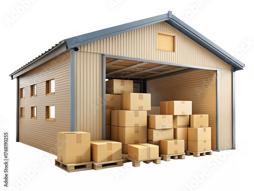 Warehouse building with stacked cardboard boxes isolated on transparent background