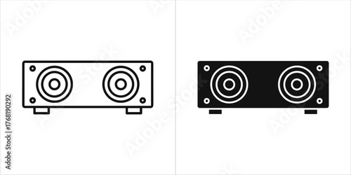 Two speaker icons, one black and white outline, one solid black