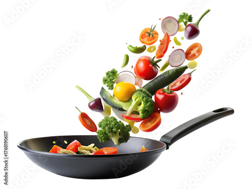 Fresh vegetables flying into a black frying pan, cooking concept isolated on transparent background